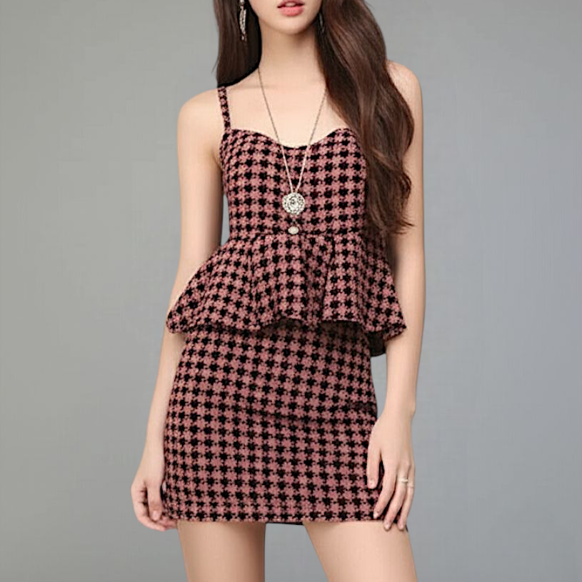 Set_bs2242 Set 2 ชิ้น(เสื้อ+กระโปรง) เสื้อสายเดี่ยวเอวระบายกระดุมหลัง+กระโปรงสั้นซิปหลัง ผ้าชีฟองลายชิโนริ งานสวยใส่ง่ายน่ารักมาก