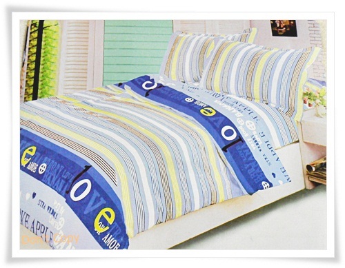 ชุดผ้าปูเตียง ผ้าปูที่นอน ลายขวางโทนฟ้า Cotton 6 ฟุต 5 ชิ้น M006