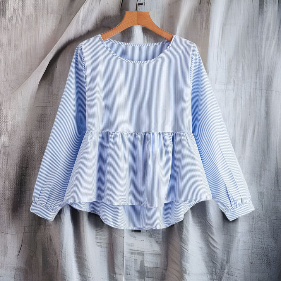 Blouse4060 เสื้อแขนยาวลายริ้วสีฟ้าขาว ทรงหน้าสั้นหลังยาวชายระบาย ผ้าคอตตอนเกรดพรีเมียมเนื้อดีนุ่มใส่สบาย