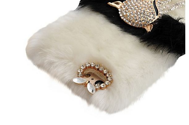 เคส iPhone 6 Plus 5.5 นิ้ว เคสขนมิ้ง ขนเฟอร์ เคสไฮโซ ขนนุ่ม สีขาว เคสขนกระต่ายแท้ คาดกลาง ด้วยสีดำ ติด คริสตัล สุนัขจิ้งจอก สุดหรู ยอดนิยม 506437