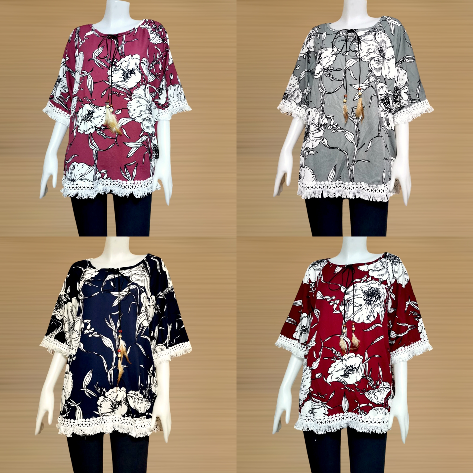 Blouse3749 เสื้อแฟชั่นไซส์ใหญ่สาวอวบลายดอกไม้ แขนสามส่วน แต่งพู่เก๋ๆ ผ้าวูลเวฟ(ผ้าหนังไก่)เนื้อดีนุ่มใส่สบายยืดขยายได้เยอะ งานดีทรงดี ทรงนี้ใส่ได้เรื่อยๆ มี 4 สี แดง, เทา, ชมพู, กรม