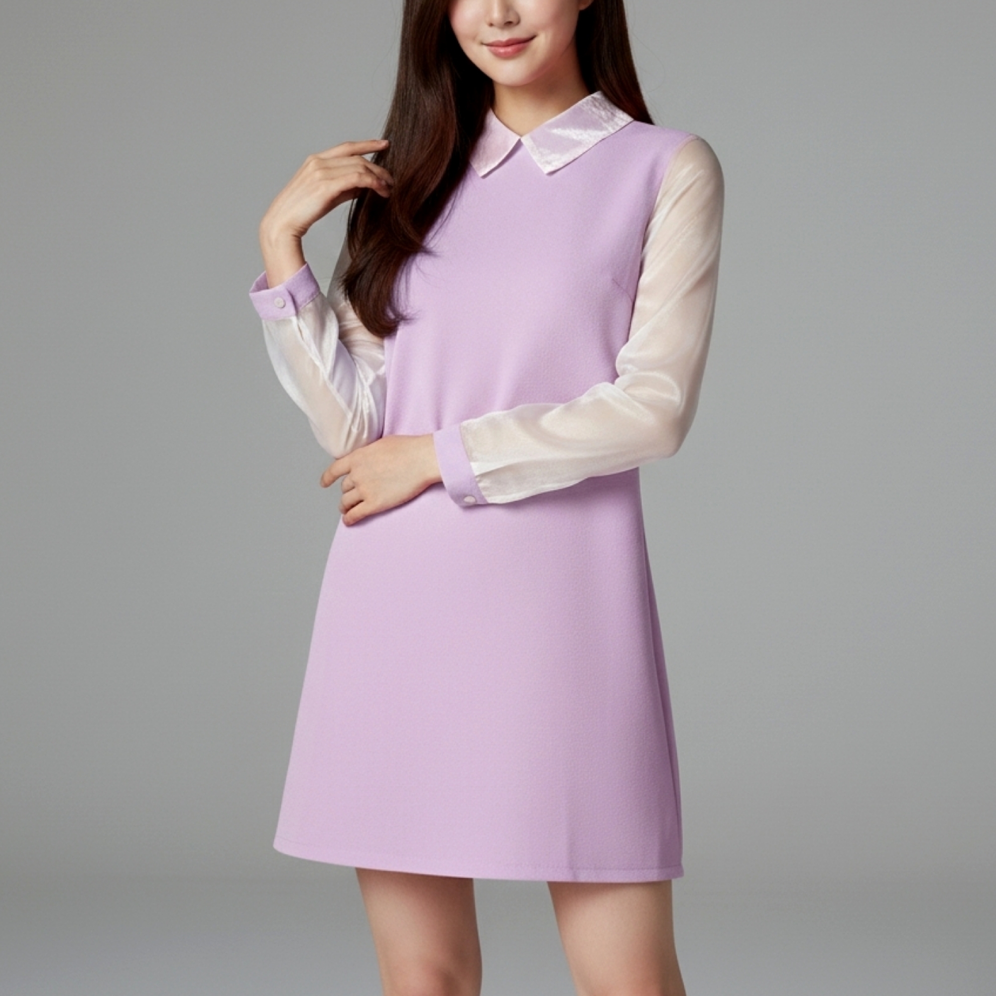💜 Dress3118 เดรสแขนยาวคอปกผ้าโฟร์เวย์สีม่วงพาสเทล แต่งผ้าแก้วนุ่มละมุน หวานละไมสไตล์เกาหลี
