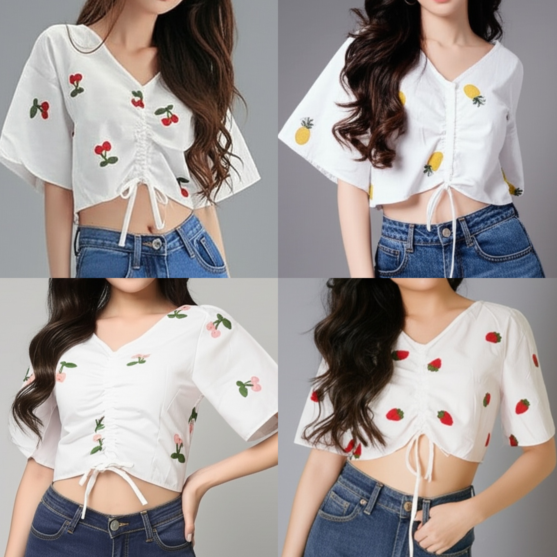 Blouse4032 เสื้องานปักลายผลไม้ แต่งเชือกรูดด้านหน้า ผ้าคอตตอนเนื้อดีนุ่มใส่สบาย งานน่ารักแมทช์กับอะไรก็เข้า