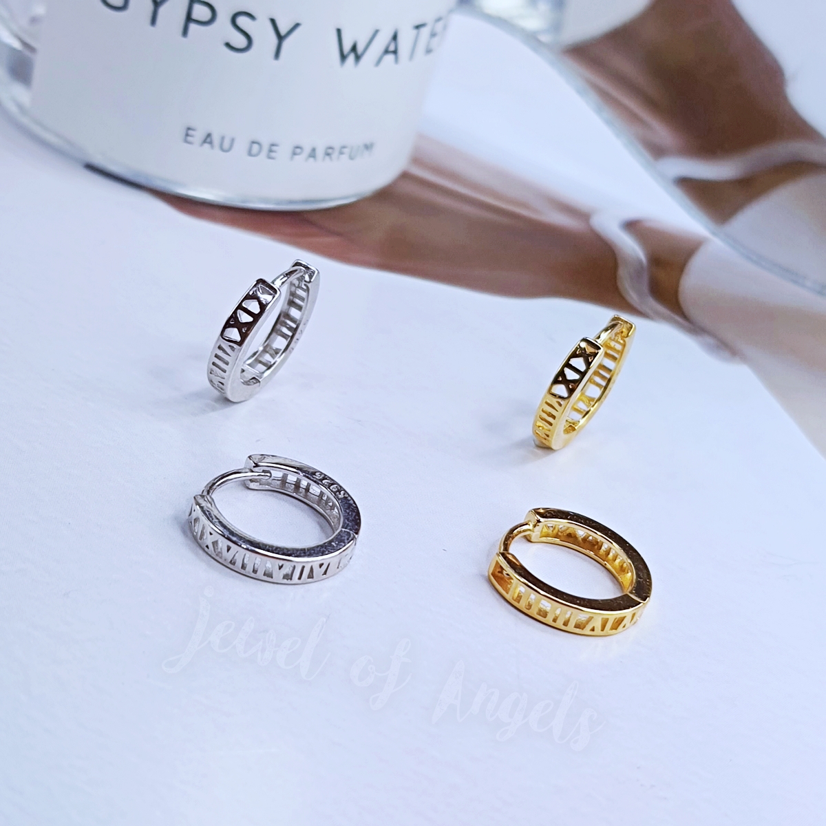 ต่างหูเงินแท้ S925 ต่างหูห่วง รุ่น Roma สีทอง สีเงิน ฉลุลายเลขโรมัน silver925