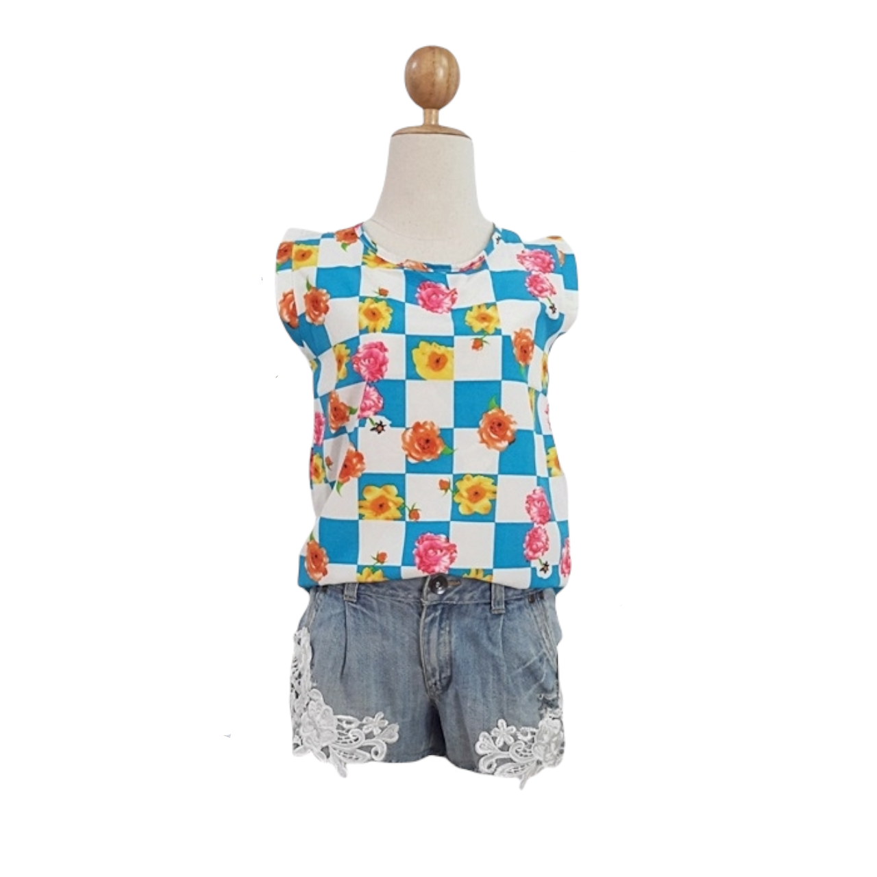 Blouse2142 เสื้อแฟชั่นน่ารัก แขนในตัว ผูกหลัง ผ้าไหมอิตาลีลายสี่เหลี่ยมดอกไม้โทนสีฟ้าขาว
