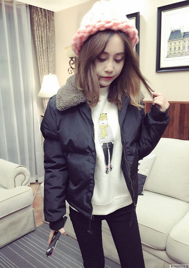 เสื้อกันหนาว บุนวมฟูๆ แต่งขนแกะที่คอปกเสื้อ ตัวสั้นน่ารัก ผ้าร่มเนื้อดีกันลม เกาหลีมากๆ พร้อมส่ง