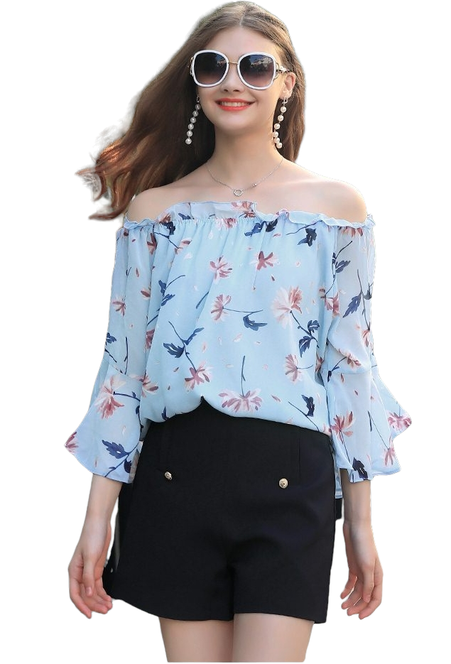 Blouse3756 เสื้อเปิดไหล่แขนระบาย ผ้าชีฟองเนื้อดีสีฟ้าลายดอกไม้ ผ้าเนื้อดีนุ่มใส่สบาย งานน่ารักแมทช์ง่าย ทรงนี้ใส่ได้เรื่อยๆ ใส่กับขาสั้นหรือขาสั้นก็น่ารักไม่แพ้กันจ้า