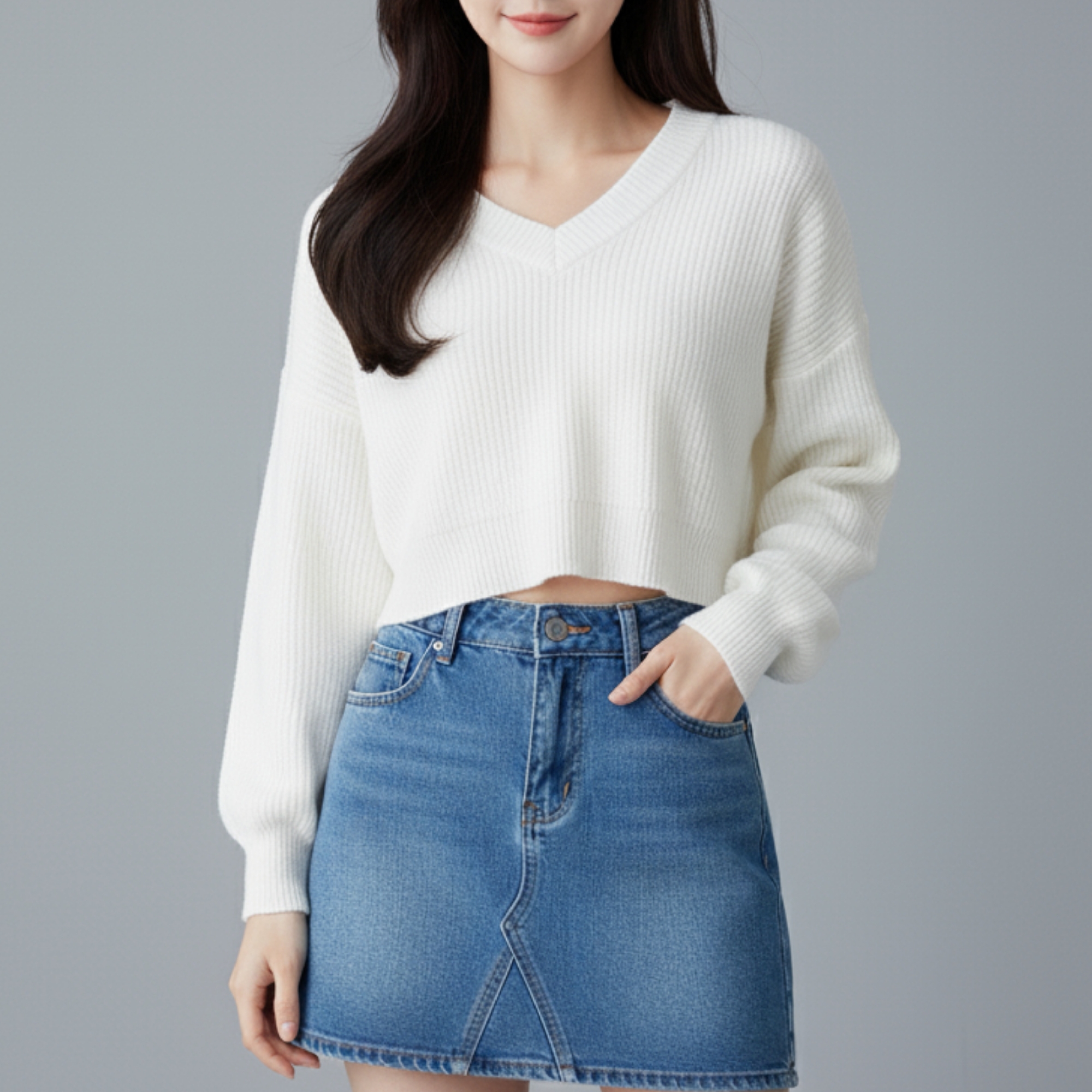 Blouse3898 เสื้อแฟชั่นนำเข้า เสื้อไหมพรมแขนยาวโอเวอร์ไซส์ทรงคอวีสีขาวครีม งานผ้าไหมพรมเนื้อดีหนานุ่มเนียนยืดขยายได้เยอะ งานน่ารักแมทช์กับยีนส์เอวสูงดูดีมาก