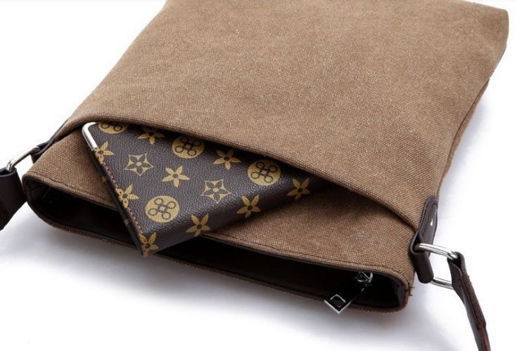 กระเป๋าสะพายข้างผู้ชาย ขนาดกลาง กระเป๋าสะพายผ้าแคนวาส แบบไม่มีฝาปิด ใช้ง่าย กระเป๋าสะพายข้างผู้หญิง ผู้ชายใช้ได้ สีน้ำตาล น้ำเงิน 607366