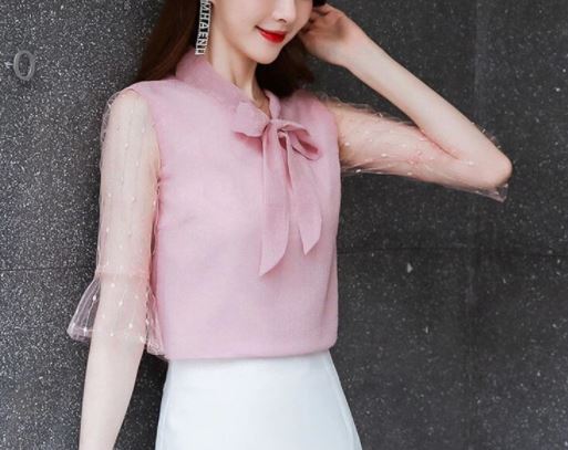 เสื้อเชิ้ตผู้หญิง เสื้อเชิ้ต ผ้าซีฟอง ใส่ทำงาน แบบน่ารัก สไตล์คุณหนู แต่งโบว์ ที่คอ แบบเก๋ ดีไซน์สวย 947109