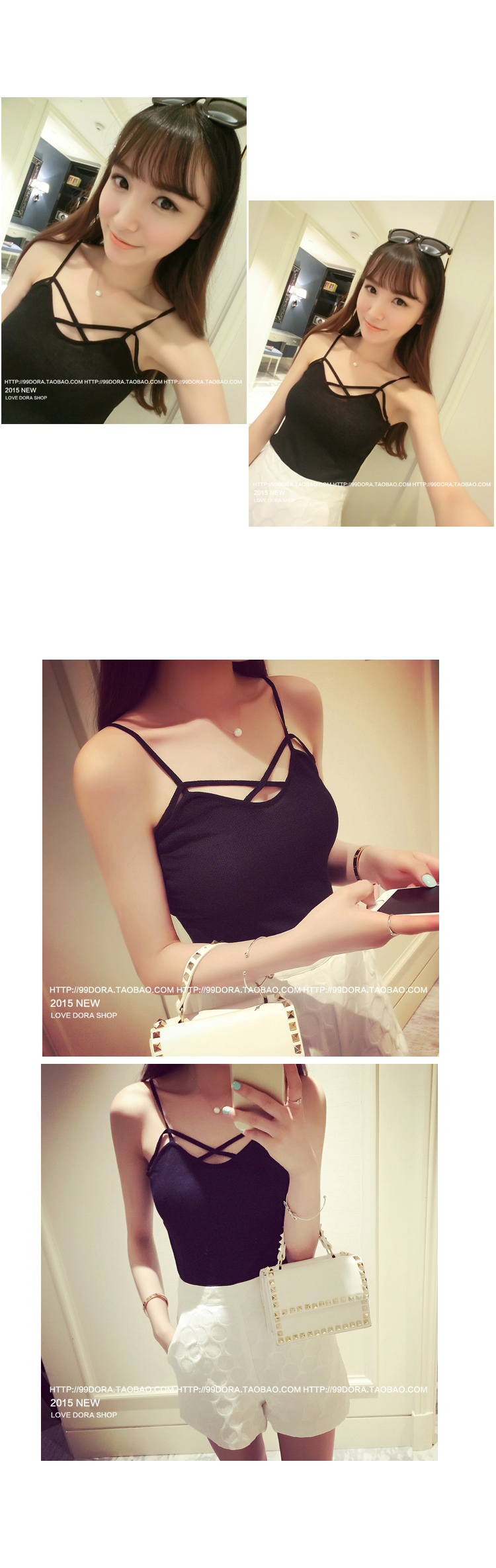 เสื้อสายเดี่ยวตัวสั้น แต่งสายด้านหน้า เก๋ๆ เซ็กซี่ พร้อมส่ง ผ้าทอ ยืดได้ พร้อมส่ง