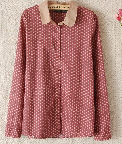 เสื้อเชิ้ตผู้หญิง ลายจุด คอปก แขนยาว แบบเก๋ สุด ๆ สี ชมพู no 56642