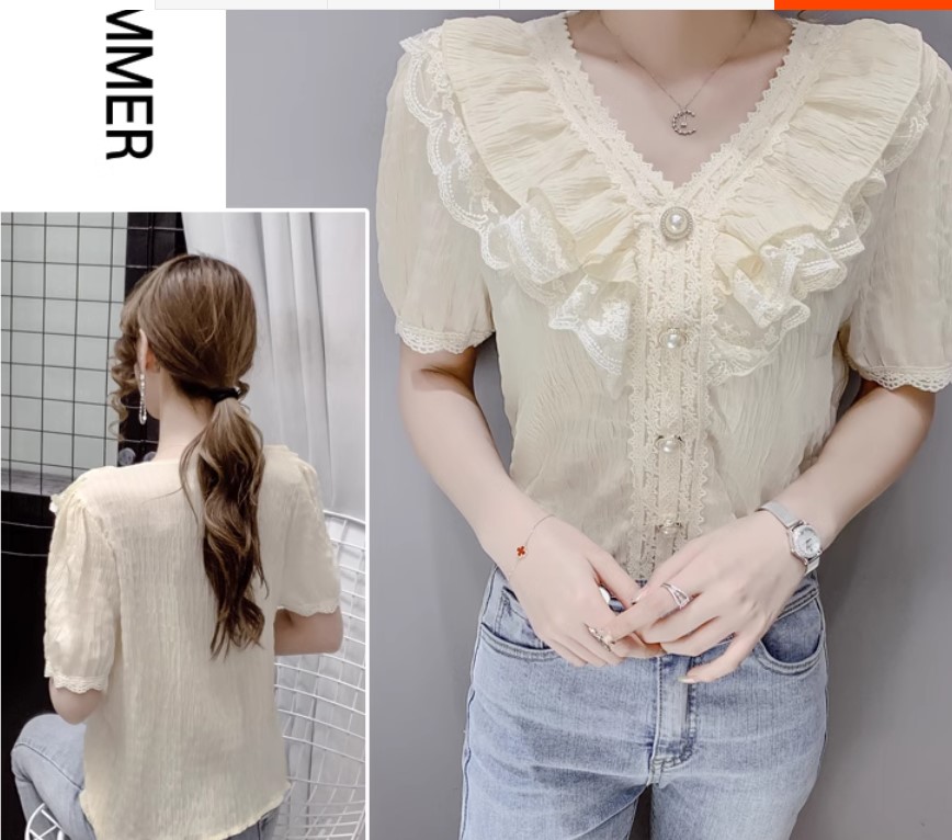 เสื้อลูกไม้ แขนสั้น แบบมีระบายที่อก เสื้อผ้าลูกไม้ ใส่ไปงานบวช งานแต่ง แบบไทย ๆ แบบน่ารัก ๆ 396638