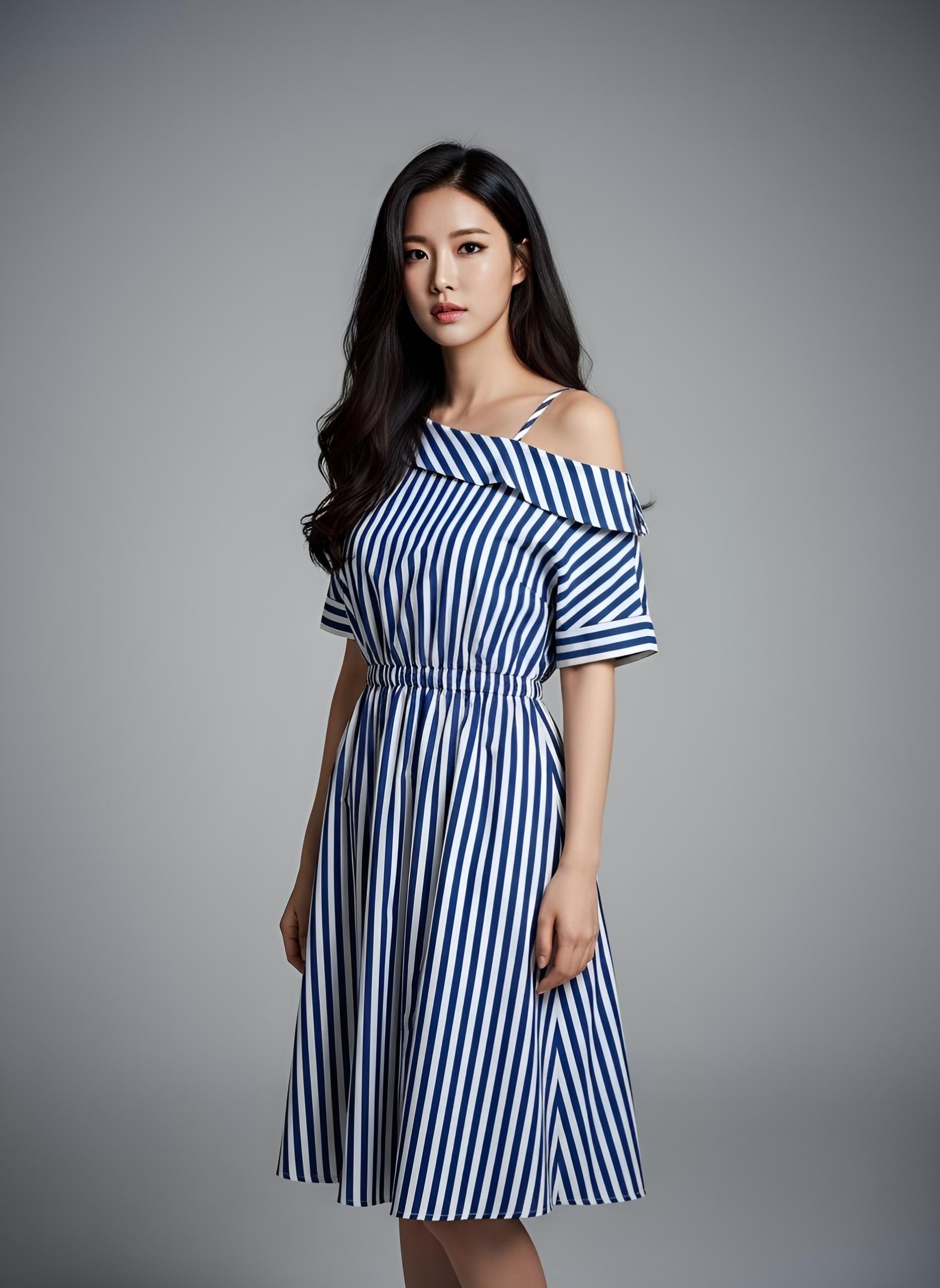 👗 Dress4305 เดรสลายทางสีน้ำเงิน-ขาว ดีเทลเปิดไหล่เพิ่มเสน่ห์เล็กๆ ให้ลุคดูสดใสทันสมัย