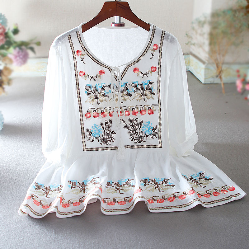 เสื้อลินิน เสื้อผ้าฝ้ายลินิน เสื้อเชิ้ตผ้าลินิน ปักลายสวยๆด้วยด้าย สไตล์VINTAGE