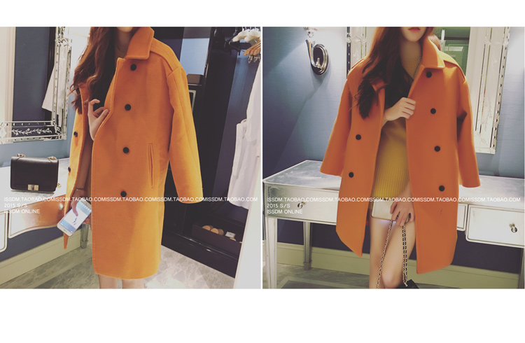 เสื้อโค้ทกันหนาว สีส้ม ทรงยาวโคล่ง แต่งกระดุุม 2 แถว ผ้าวูลผสมสักกะหลาด บุซับในกันลม พร้อมส่ง สีส้มโทนเดียวกับในภาพเลยค่า