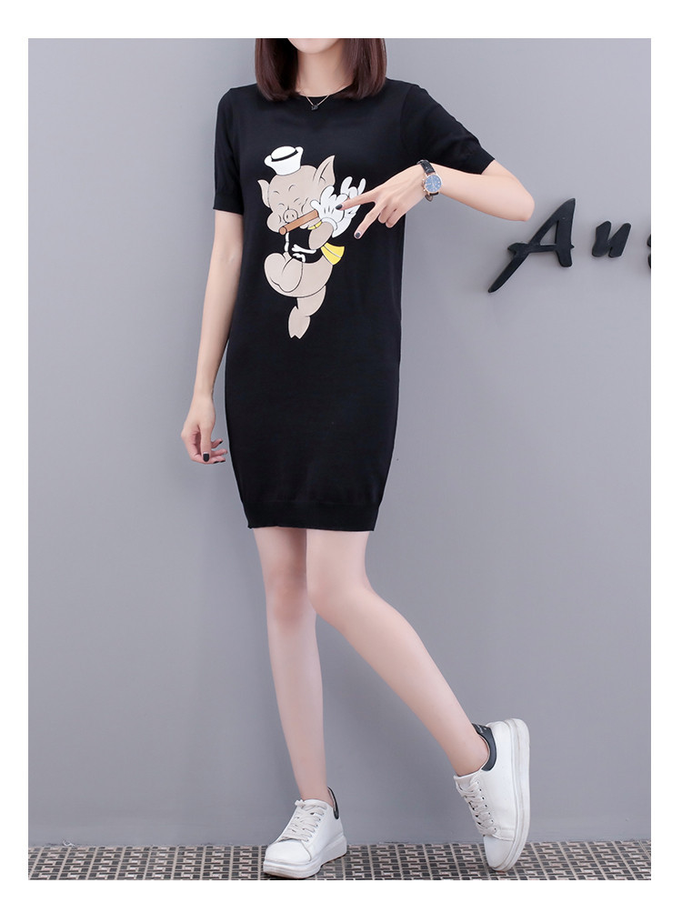 Dress4576 เดรสไหมพรมแขนสั้นสีพื้นดำแต่งลาย Pig ผ้าไหมพรมถักเนื้อนุ่มยืดหยุ่นสูงเนื้อหนาปานกลางใส่ได้ทุกฤดูกาล งานสวยใส่ง่ายน่ารักมาก