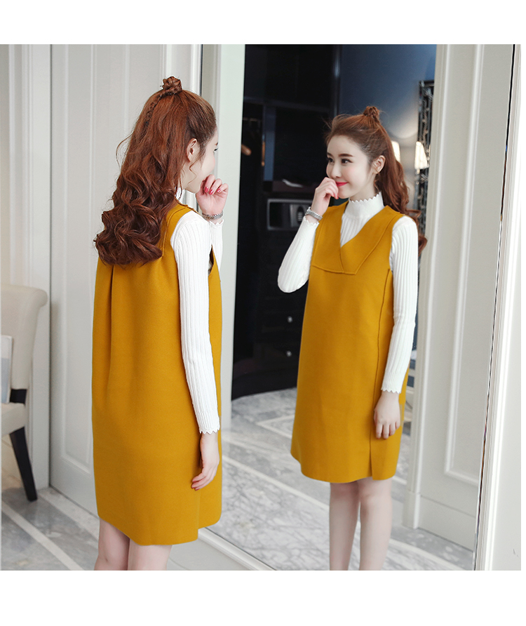 Set_bs1732 ชุด 2 ชิ้น(เสื้อ+เดรส) เดรสคอวีทรงปล่อยสีเหลืองผ้าคอตตอนกำมะหยี่เนื้อดีนุ่มใส่สบาย+เสื้อแขนยาวคอเต่าผ้าร่องไหมพรมเนื้อนุ่มยืดหยุ่นสูง งานดีดีเทลเก๋ๆ ใส่เที่ยว/ใส่ทำงานได้