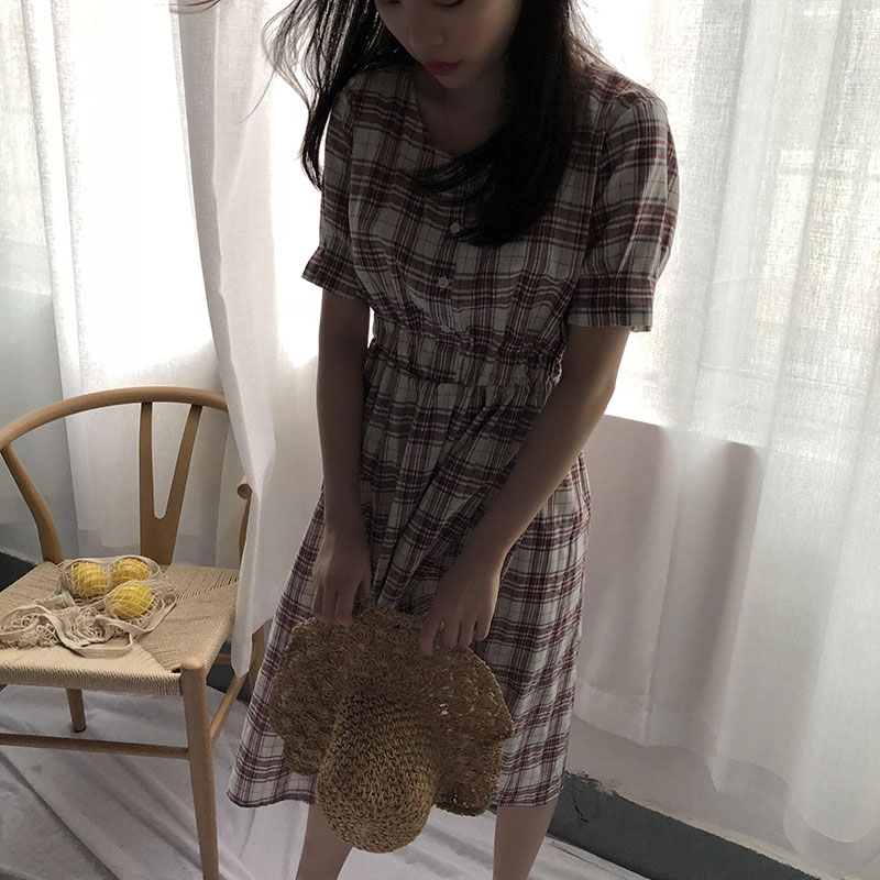 Dress4590 ชุดเดรสยาวลายสก็อตโทนสีน้ำตาล กระดุมหน้าอก เอวยางยืด ผ้าคอตตอนลินินเนื้อดี เนื้อผ้าไม่บางกำลังดีใส่สบาย งานสวยผ้าดีเกรดพรีเมียม ทรงน่ารักสไตล์ญี่ปุ่น ใส่เที่ยว/ใส่ทำงานได้
