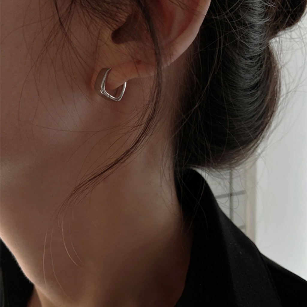 ต่างหูเงินแท้ S925 รุ่น Smooth ต่างหูห่วง4เหลี่ยมหนา สูง10.8mm เงินแท้ทั้งชิ้น Silver925 ต่างหูผู้ชาย