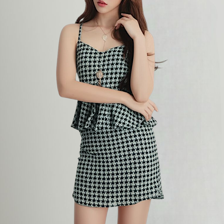 Set_bs2242 Set 2 ชิ้น(เสื้อ+กระโปรง) เสื้อสายเดี่ยวเอวระบายกระดุมหลัง+กระโปรงสั้นซิปหลัง ผ้าชีฟองลายชิโนริ งานสวยใส่ง่ายน่ารักมาก