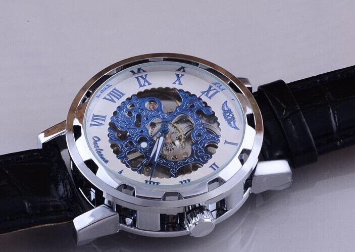 นาฬิกา Automatic นาฬิกาข้อมือสายหนัง แบบโชว์กลไก ไม่ต้องใส่ถ่าน หน้าปัด ฉลุลาย สีฟ้า นาฬิกาข้อมือผู้หญิง ผู้ชาย ใส่ได้ no 39441_1