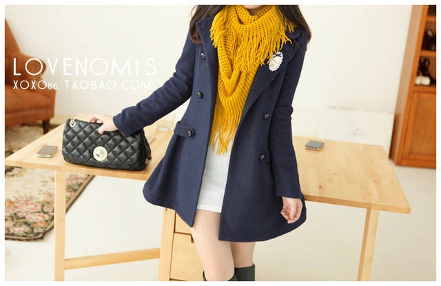LADY COAT เสื้อโค้ทกันหนาว ยาว 25 นิ้ว ทรงหวานๆ สไตล์เกาหลี พร้อมส่ง ไม่รวมเช็มกลัด DARK BLUE