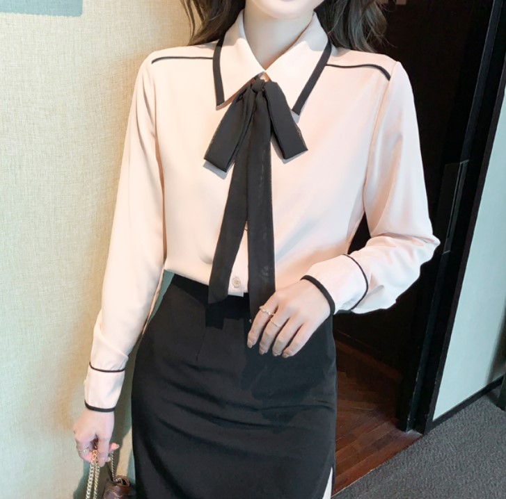 เสื้อเชิ้ตผู้หญิง เสื้อเชิ้ต แขนยาว พร้อม โบว์ สีดำ แบบสวย ตัดลายเส้น มีมิติ เสื้อเชิ้ต คอปก แบบสวย ๆ 751088