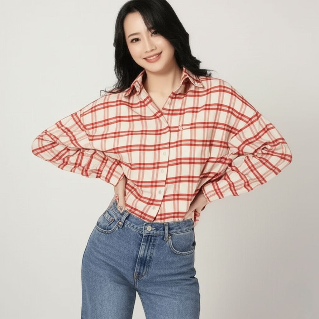 🧸 Blouse4076 เสื้อเชิ้ตโอเวอร์ไซส์ลายสก็อตครีมน้ำตาล รอบอก 48" เท่สบาย แมทช์ได้ทุกลุค ใส่เดี่ยวก็ปัง คลุมก็เก๋