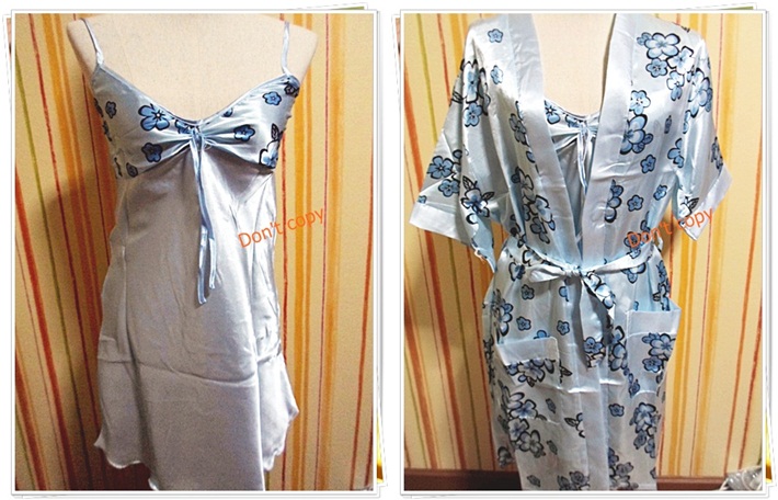 ชุดนอน เอาใจแฟน ผ้าลื่น ผ้าซาติน พร้อมเสื้อคลุม ฟ้าอ่อน ญี่ปุ่น b009