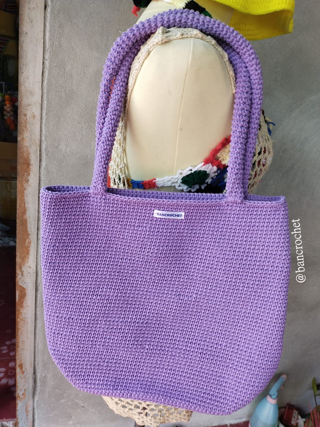 Bancrochet กระเป๋าถักโครเชต์ crochet bag ม่วง 29*30*9 สาย 22 cm