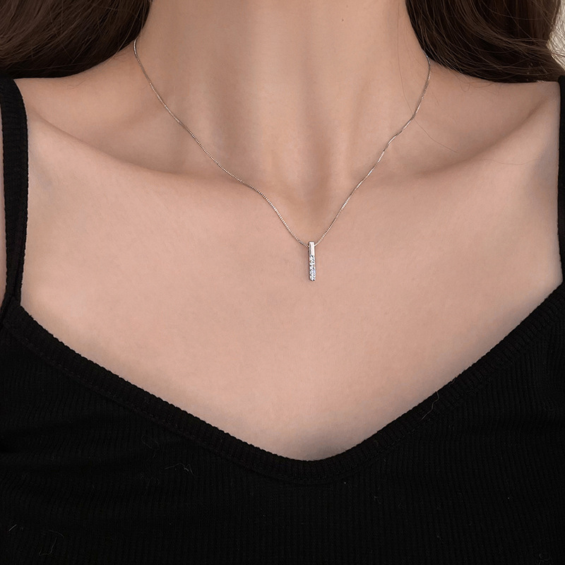 สร้อยคอสั้นเงินแท้ S925 รุ่น Elegant สร้อยลายBox จี้บาร์ยาวเพชรCZ สร้อยคอแฟชั่น silver925