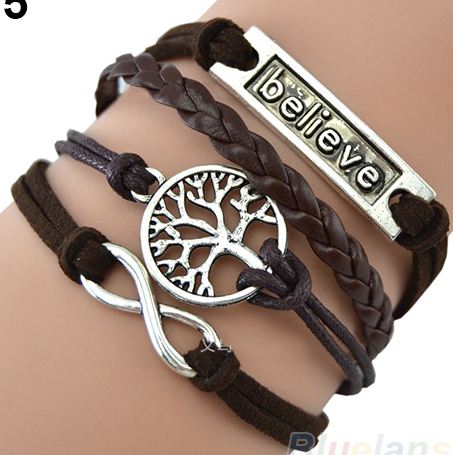 สร้อยข้อมือหนังแท้ แฟชั่นหนังถัก สีน้ำตาล สลัก Believe ba002