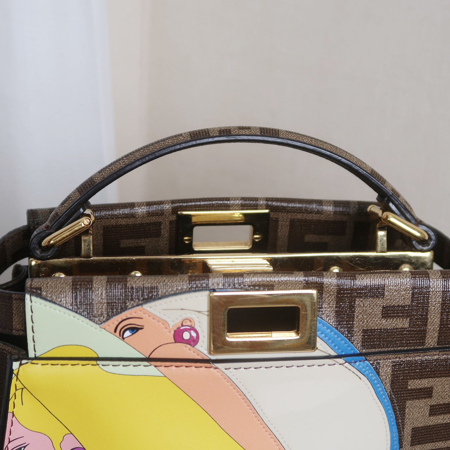 Fendi Glazed Fabric Vitello FF 1974 Hairo Girls Inlay Mini Peekaboo Satchel GHW