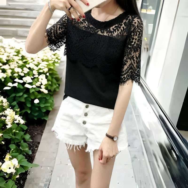 Blouse3507 เสื้อแต่งลูกไม้ช่วงอกและแขน ผ้าชีฟองเนื้อหนาสีพื้น งานน่ารัก แมทช์กับขาสั้นหรือขายาวก็ดูดีไม่แพ้กัน