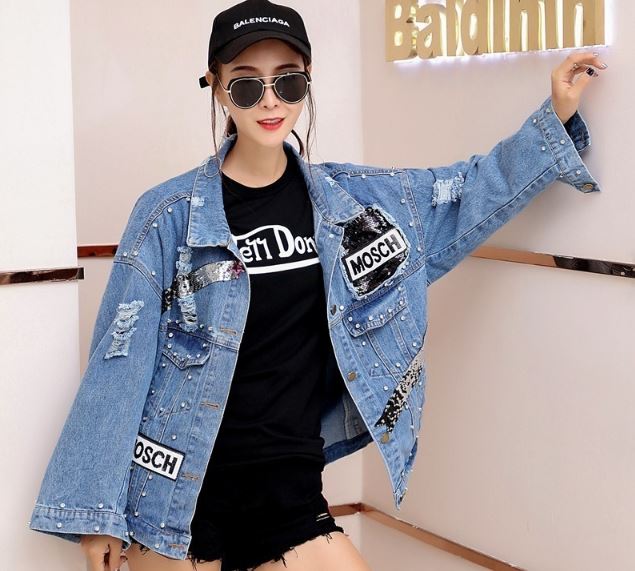 เสื้อแจ็คเก็ตยีนส์ เสื้อยีนส์แขนยาว ตัวใหญ่ ใส่แบบหลวม ๆ สไตล์สาว ฮิปฮอป เสื้อยีนส์ แขนยาว ตัวใหญ่ ใส่แบบ เท่ ๆ 263852