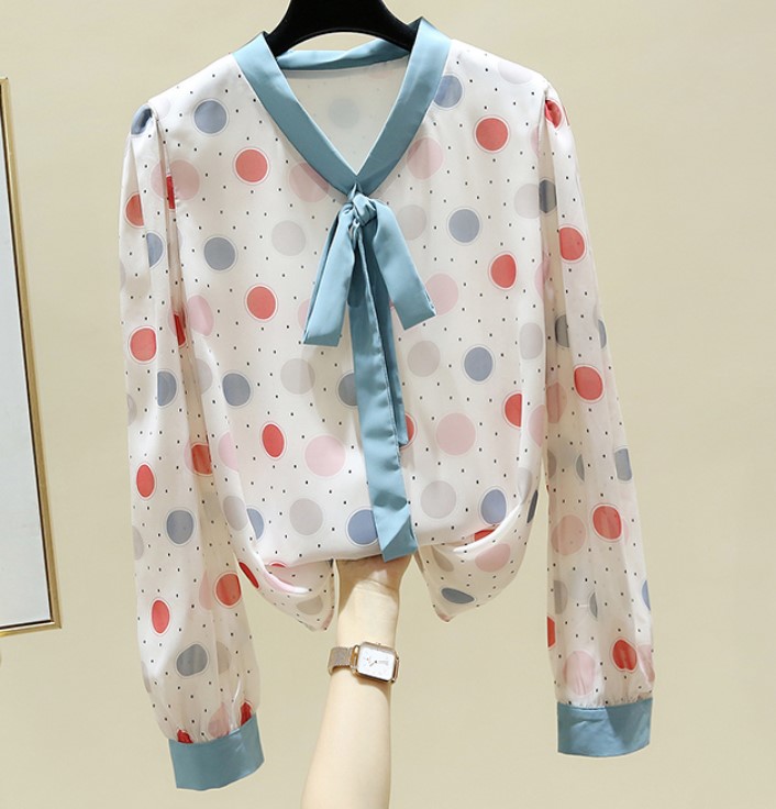 เสื้อเชิ้ต ผ้าซีฟอง แขนยาว ใส่ทำงาน ลายจุด เสื้อเชิ้ต แบบผูกโบว์ ที่คอ น่ารัก ๆ 725734