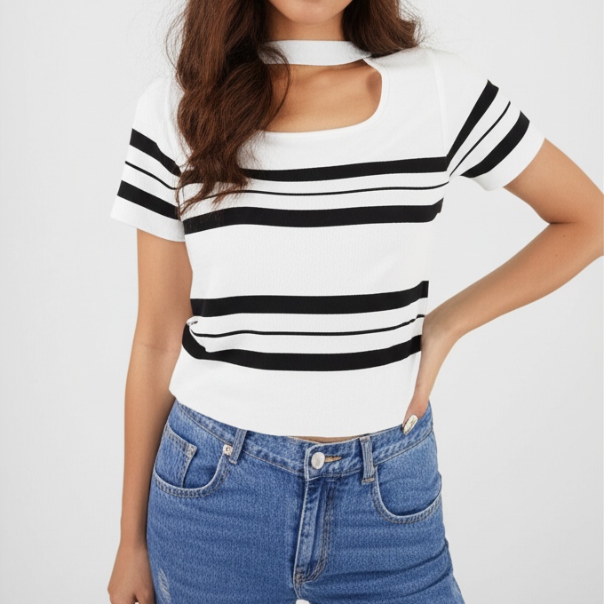 Blouse3913 เสื้อแฟชั่นนำเข้า เสื้อไหมพรมโทนสีขาวดำ คอแต่งโชคเกอร์เก๋ๆ เพิ่มดีเทลความน่ารัก งานผ้าไหมพรมเนื้อดีนุ่มเนียนยืดขยายได้เยอะใส่สบาย