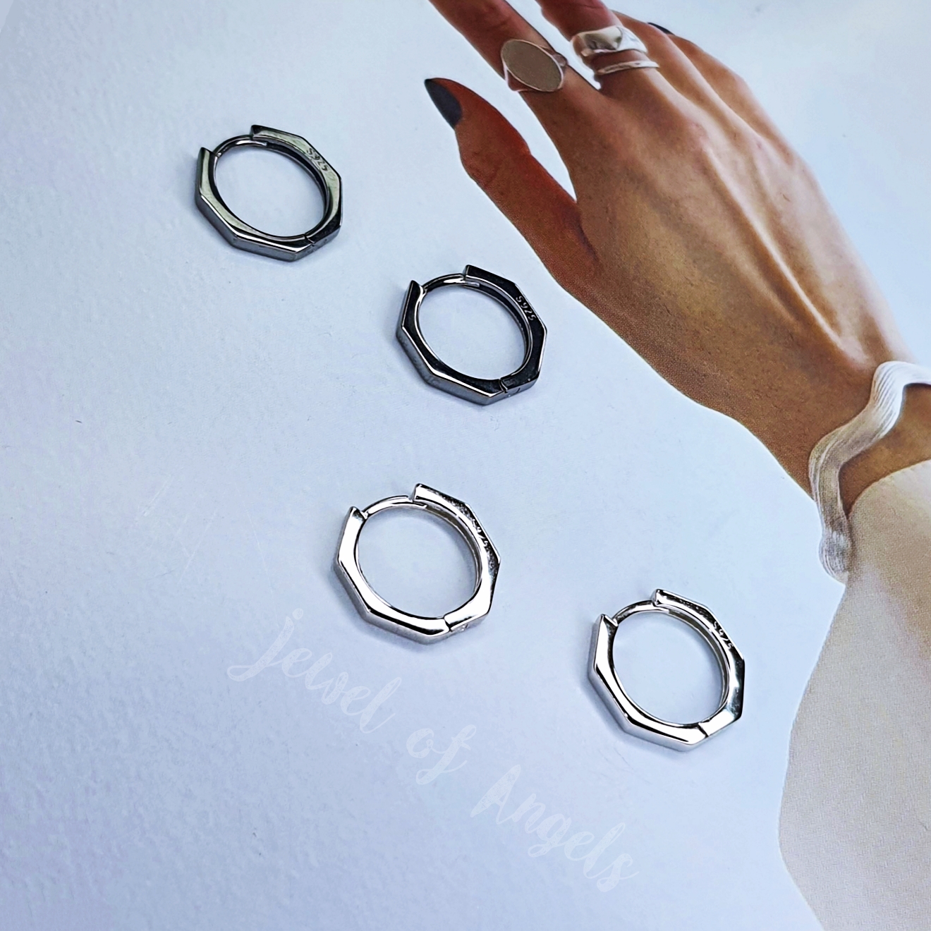 ต่างหูห่วงเงินแท้ S925 รุ่น Octagon ห่วงแปดเหลี่ยม สีเงิน สีดำ มินิมอล Silver925