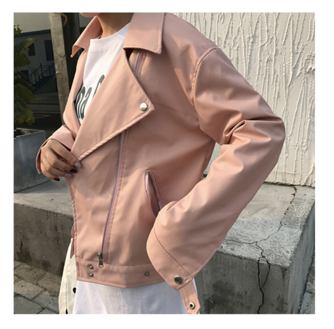 แจ็คเก็ตหนัง ทรงสวย งานคุณภาพดี เก๋ไก๋ พร้อมส่งเลยจ้า pink