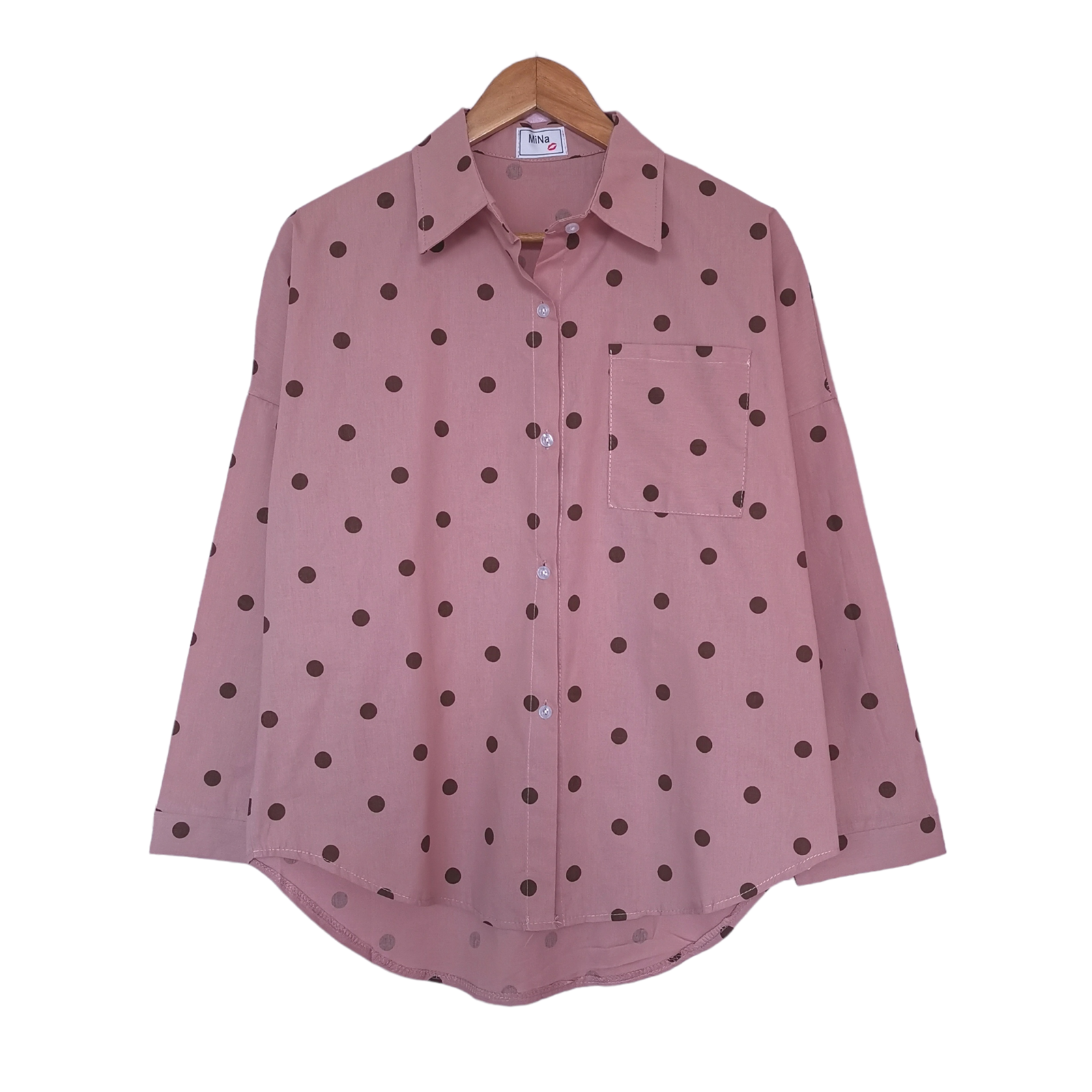 💕 Blouse4078 เสื้อเชิ้ตโอเวอร์ไซส์ลายจุดชมพูน้ำตาล ลุคสดใส หวานเท่ สไตล์เกาหลี