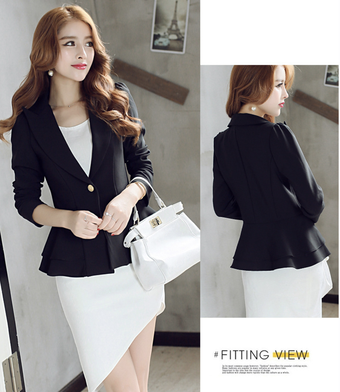 สูท สีดำ ทรงสวย แต่งชายเอวระบายเป็นชั้น เพิ่มความหวาน ดูมีเอว พร้อมส่ง Black