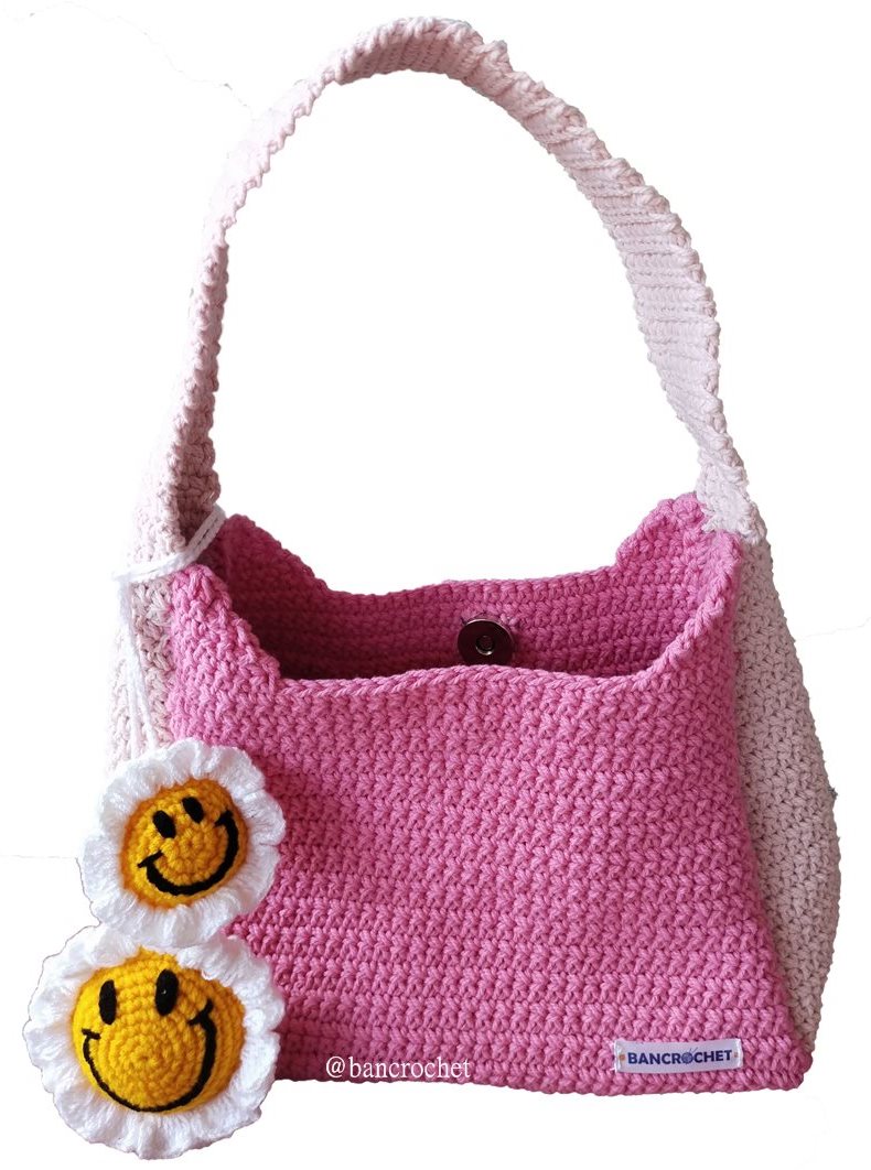 Bancrochet กระเป๋าถักโครเชต์ crochet bag ชมพู 8*5.5 สาย 7 inch