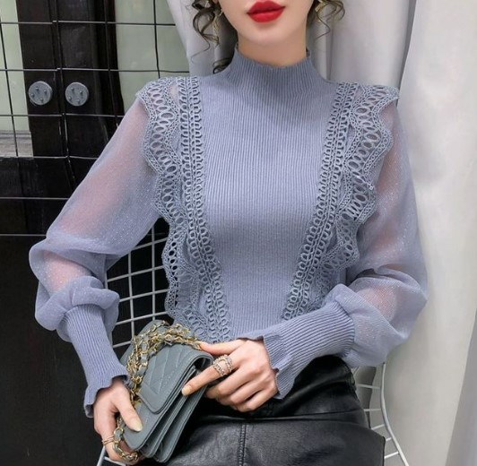 เสื้อเชิ้ตผู้หญิง เสื้อเชิ้ต แฟชั่น สวย ๆ ผ้าลูกไม้ ผสมผสาน กับผ้าซีฟอง ดูหรูหรา เสื้อเชิ้ตใส่ทำงาน สวย ๆ 704042