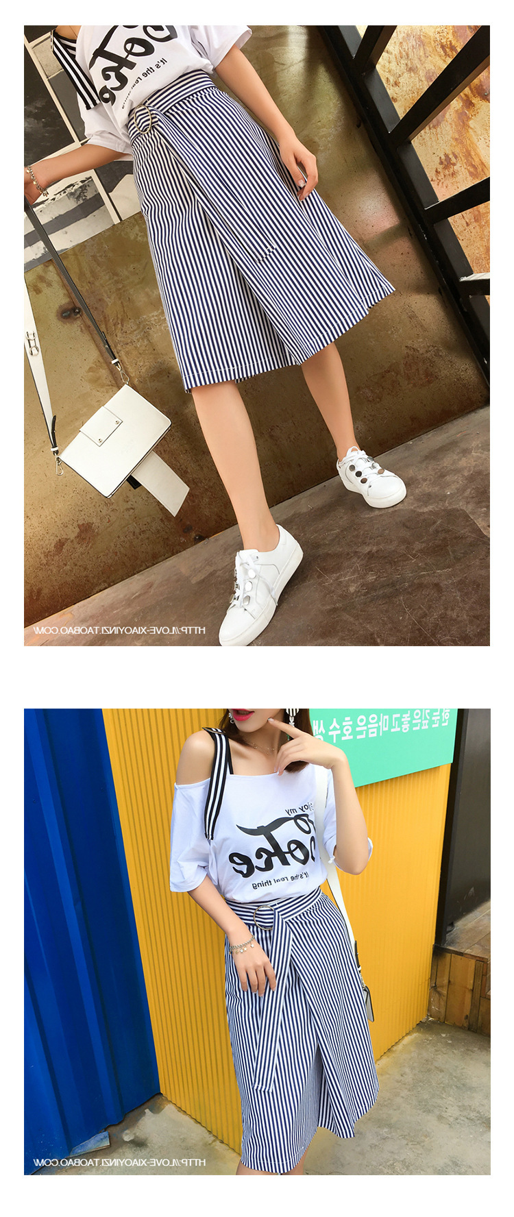 Set_bs1789 ชุดเซ็ท 2 ชิ้น(เสื้อ+กระโปรง) เสื้อทรงโอเวอร์ไซส์เปิดไหล่เฉียงแต่งสายบ่าเข็มขัดผ้าคอตตอนเนื้อนุ่มยืดหยุ่นสูง+กระโปรงยาวลายริ้วสีขาวกรมซิปหลังผ้าโพลีเนื้อดีใส่สบาย งานเซ็ทเข้าชุดสุดน่ารัก ดีเทลเก๋ๆ ดีงาม แมทช์ได้ลงตัวเข้ากันดูดี