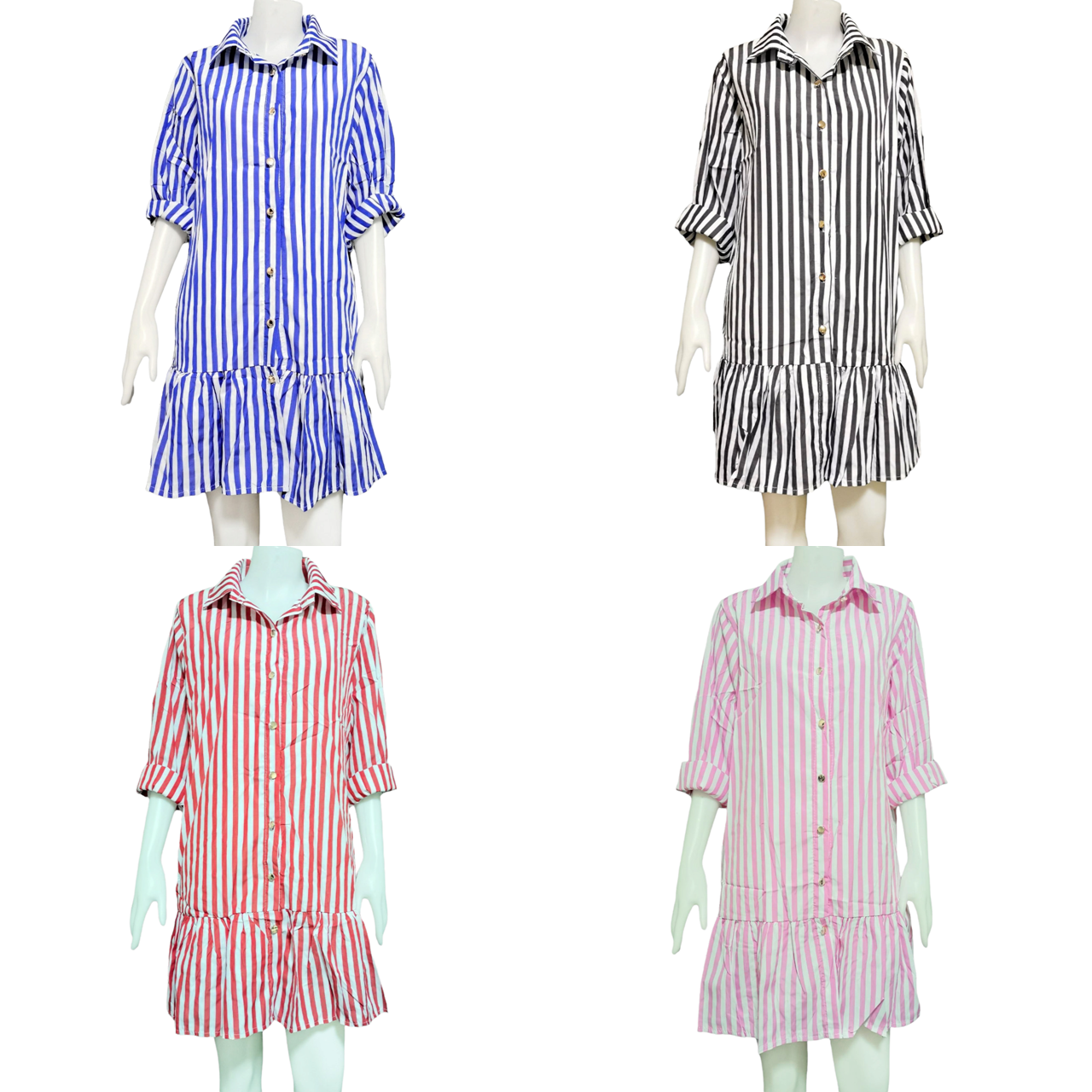 Dress3614 เดรสไซส์ใหญ่คอปกเชิ้ตลายริ้ว กระดุมหน้า แขนยาว ชายระบาย ผ้าคอตตอนโพลีเนื้อดีใส่สบายไม่ยับง่าย มี 4 สี ขาวดำ ขาวแดง ขาวชมพู ขาวน้ำเงิน