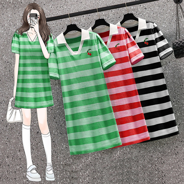 เดรสคนอ้วน เดรสสาวอวบ ชุดเดรสคนอ้วนวัยรุ่น ลายขวาง เขียว แดง ดำ BY PLUS SIZE Girl