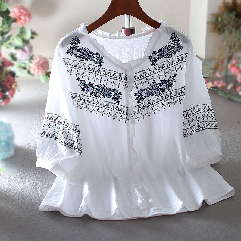 เสื้อลินิน เสื้อผ้าฝ้ายลินิน เสื้อเชิ้ตผ้าลินิน ปักลายสวยๆด้วยด้าย สไตล์VINTAGE