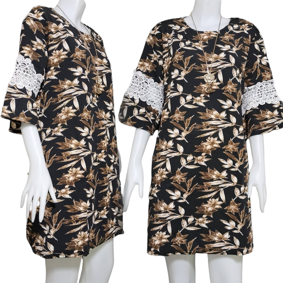 Dress4361 เดรสไซส์ใหญ่ทรงปล่อยลายดอกไม้ แขนสามส่วนระบายแต่งลูกไม้ ผ้าวูลเวฟ(ผ้าหนังไก่)เนื้อดีหนานิ่มมีน้ำหนักยืดขยายได้เยอะใส่สบายสุด งานดีทรงสวย ทรงนี้ใส่ได้เรื่อยๆ มี 5 สี เลือดหมู, เขียว, ชมพู, กรม, ดำ