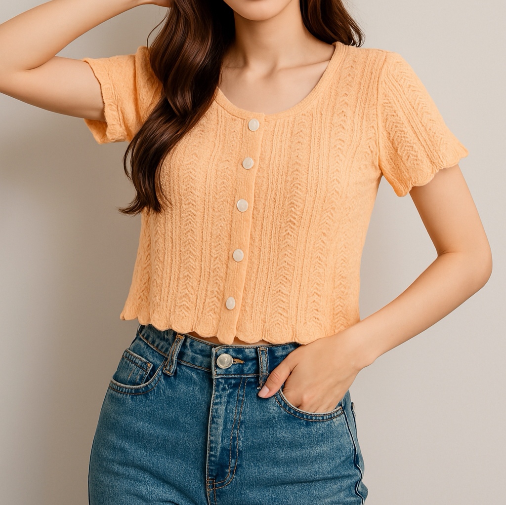 Blouse3963 เสื้อแฟชั่นนำเข้า เสื้อไหมพรมสีส้มพาสเทล กระดุมผ่าหน้า งานผ้าไหมพรมเนื้อดีนุ่มเนียนยืดขยายได้เยอะมาก ผ้ามีน้ำหนักทิ้งตัว งานสวยใส่ง่ายน่ารักมาก แมทช์กับขาสั้นหรือขายาวก็น่ารักไม่แพ้กัน
